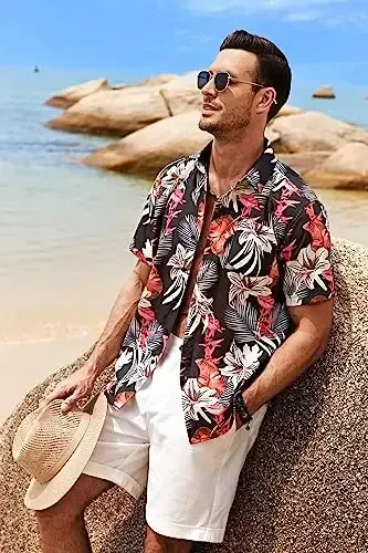 COOFANDY Mens Hawaiian Tropical Shirt Short Sleeve Casual Button Down Floral Summer Beach Shirts with Pocket - 2