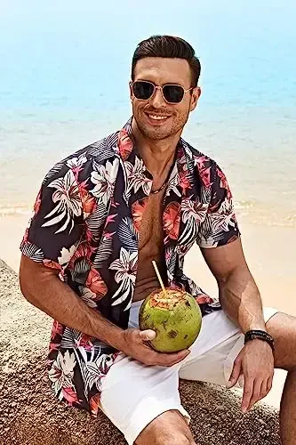 COOFANDY Mens Hawaiian Tropical Shirt Short Sleeve Casual Button Down Floral Summer Beach Shirts with Pocket - 3