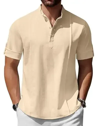 COOFANDY Men's Henley T-Shirts Short Sleeve Casual Button Henley Shirts Band Collar Tee Summer Beach Hippie Shirts - 1