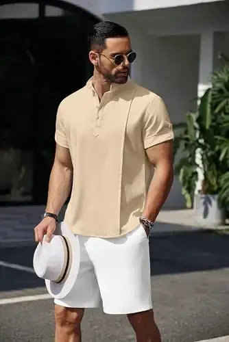 COOFANDY Men's Henley T-Shirts Short Sleeve Casual Button Henley Shirts Band Collar Tee Summer Beach Hippie Shirts - 5