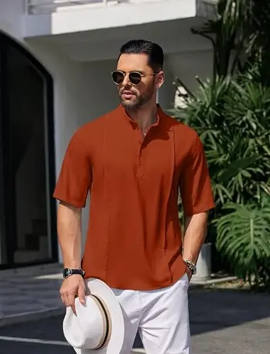 COOFANDY Men's Henley T-Shirts Short Sleeve Casual Button Henley Shirts Band Collar Tee Summer Beach Hippie Shirts - 3
