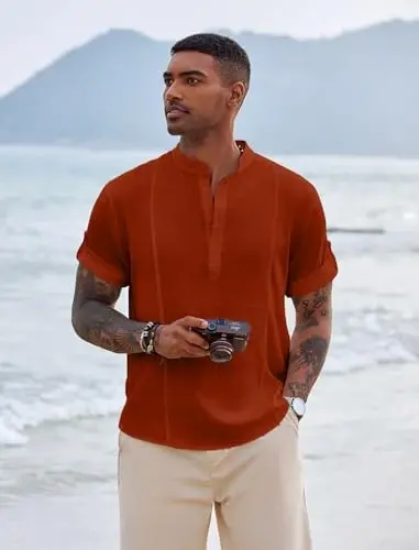 COOFANDY Men's Henley T-Shirts Short Sleeve Casual Button Henley Shirts Band Collar Tee Summer Beach Hippie Shirts - 4