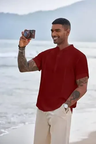 COOFANDY Men's Henley T-Shirts Short Sleeve Casual Button Henley Shirts Band Collar Tee Summer Beach Hippie Shirts - COOFANDY (1)