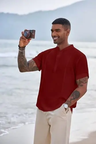 COOFANDY Men's Henley T-Shirts Short Sleeve Casual Button Henley Shirts Band Collar Tee Summer Beach Hippie Shirts - 2