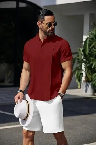 COOFANDY Men's Henley T-Shirts Short Sleeve Casual Button Henley Shirts Band Collar Tee Summer Beach Hippie Shirts - 5