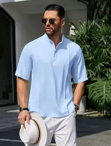 COOFANDY Men's Henley T-Shirts Short Sleeve Casual Button Henley Shirts Band Collar Tee Summer Beach Hippie Shirts - 3