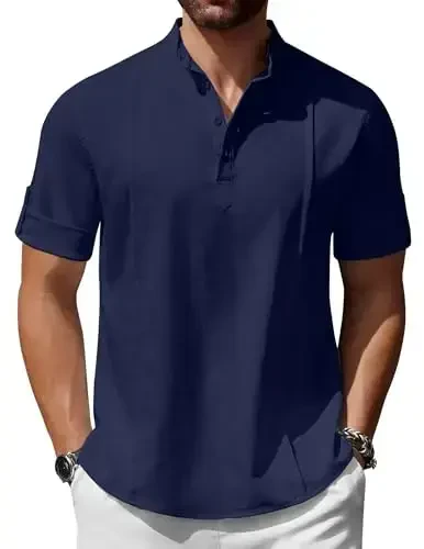 COOFANDY Men's Henley T-Shirts Short Sleeve Casual Button Henley Shirts Band Collar Tee Summer Beach Hippie Shirts - COOFANDY