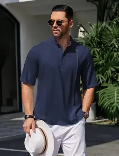 COOFANDY Men's Henley T-Shirts Short Sleeve Casual Button Henley Shirts Band Collar Tee Summer Beach Hippie Shirts - 3