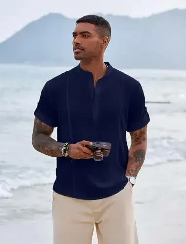 COOFANDY Men's Henley T-Shirts Short Sleeve Casual Button Henley Shirts Band Collar Tee Summer Beach Hippie Shirts - 4