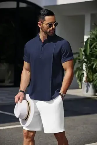 COOFANDY Men's Henley T-Shirts Short Sleeve Casual Button Henley Shirts Band Collar Tee Summer Beach Hippie Shirts - 5