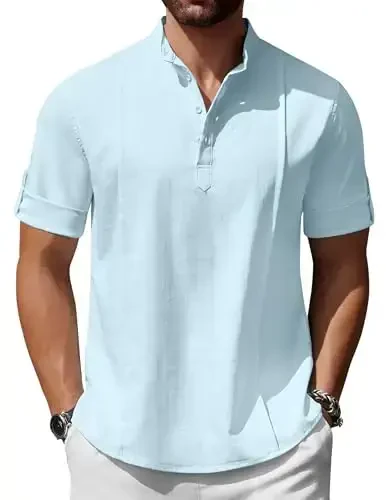 COOFANDY Men's Henley T-Shirts Short Sleeve Casual Button Henley Shirts Band Collar Tee Summer Beach Hippie Shirts - 1