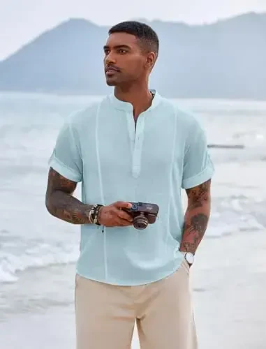 COOFANDY Men's Henley T-Shirts Short Sleeve Casual Button Henley Shirts Band Collar Tee Summer Beach Hippie Shirts - 4