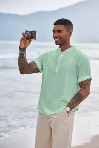 COOFANDY Men's Henley T-Shirts Short Sleeve Casual Button Henley Shirts Band Collar Tee Summer Beach Hippie Shirts - COOFANDY (1)