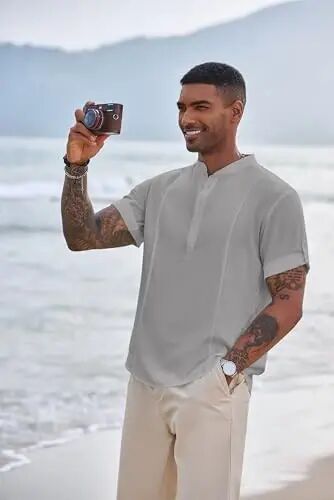 COOFANDY Men's Henley T-Shirts Short Sleeve Casual Button Henley Shirts Band Collar Tee Summer Beach Hippie Shirts - COOFANDY (1)