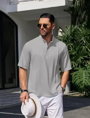 COOFANDY Men's Henley T-Shirts Short Sleeve Casual Button Henley Shirts Band Collar Tee Summer Beach Hippie Shirts - 3