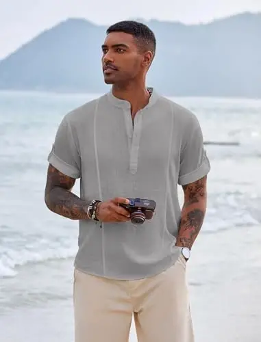 COOFANDY Men's Henley T-Shirts Short Sleeve Casual Button Henley Shirts Band Collar Tee Summer Beach Hippie Shirts - 4