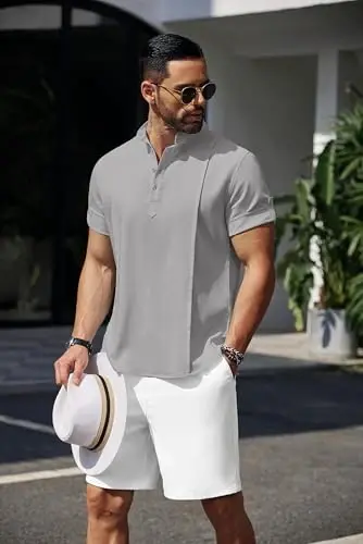 COOFANDY Men's Henley T-Shirts Short Sleeve Casual Button Henley Shirts Band Collar Tee Summer Beach Hippie Shirts - 5