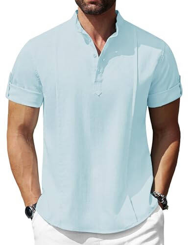 COOFANDY Men's Linen Henley Shirts Short Sleeve Casual Banded Collar Shirt Summer Beach Hippie T Shirts - 1