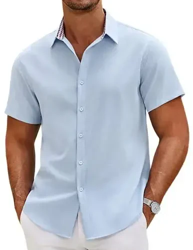 COOFANDY Mens Linen Shirt Casual Short Sleeve Button Down Shirts Summer Beach Vacation Tops - MODAZONE