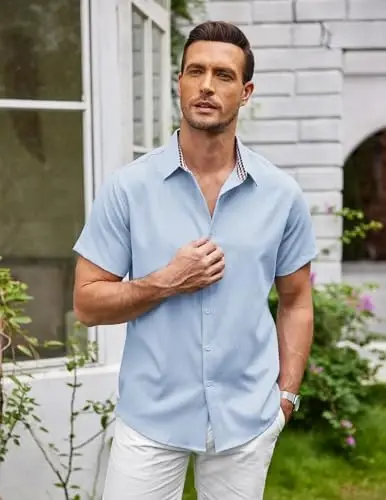 COOFANDY Mens Linen Shirt Casual Short Sleeve Button Down Shirts Summer Beach Vacation Tops - 3