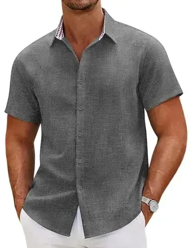 COOFANDY Mens Linen Shirt Casual Short Sleeve Button Down Shirts Summer Beach Vacation Tops - 1
