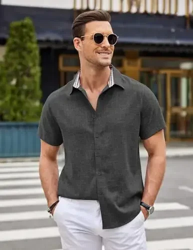 COOFANDY Mens Linen Shirt Casual Short Sleeve Button Down Shirts Summer Beach Vacation Tops - 3