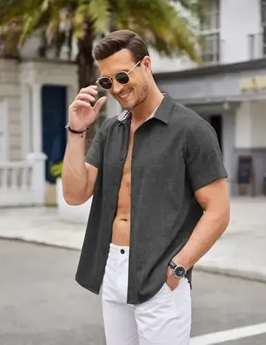 COOFANDY Mens Linen Shirt Casual Short Sleeve Button Down Shirts Summer Beach Vacation Tops - 4