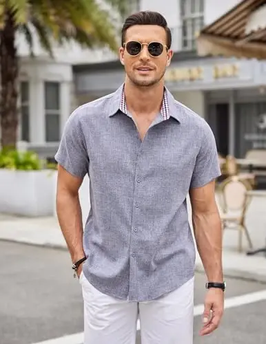 COOFANDY Mens Linen Shirt Casual Short Sleeve Button Down Shirts Summer Beach Vacation Tops - 3