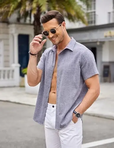 COOFANDY Mens Linen Shirt Casual Short Sleeve Button Down Shirts Summer Beach Vacation Tops - 4