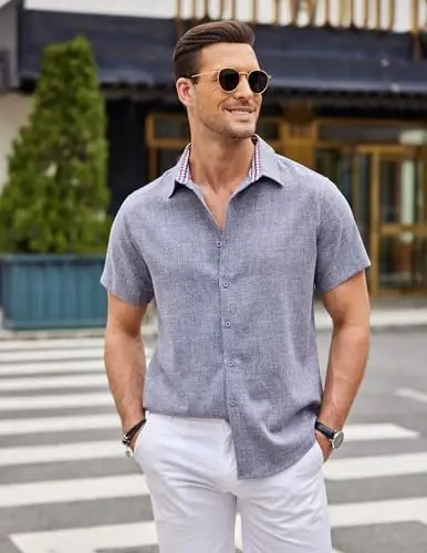 COOFANDY Mens Linen Shirt Casual Short Sleeve Button Down Shirts Summer Beach Vacation Tops - 2