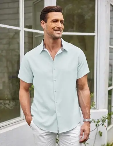 COOFANDY Mens Linen Shirt Casual Short Sleeve Button Down Shirts Summer Beach Vacation Tops - 3