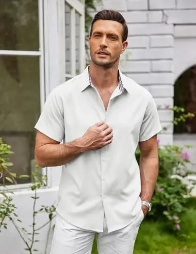 COOFANDY Mens Linen Shirt Casual Short Sleeve Button Down Shirts Summer Beach Vacation Tops - 4