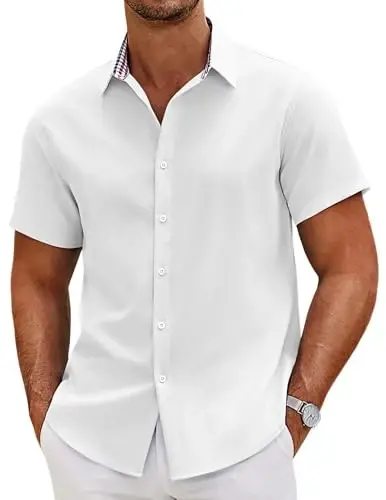 COOFANDY Mens Linen Shirt Casual Short Sleeve Button Down Shirts Summer Beach Vacation Tops 