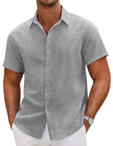 COOFANDY Mens Linen Shirt Casual Short Sleeve Button Down Shirts Summer Beach Vacation Tops 