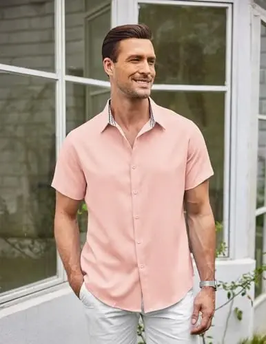 COOFANDY Mens Linen Shirt Casual Short Sleeve Button Down Shirts Summer Beach Vacation Tops - 4