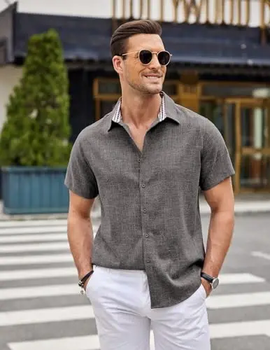 COOFANDY Mens Linen Shirt Casual Short Sleeve Button Down Shirts Summer Beach Vacation Tops - 3