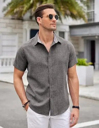 COOFANDY Mens Linen Shirt Casual Short Sleeve Button Down Shirts Summer Beach Vacation Tops - 2