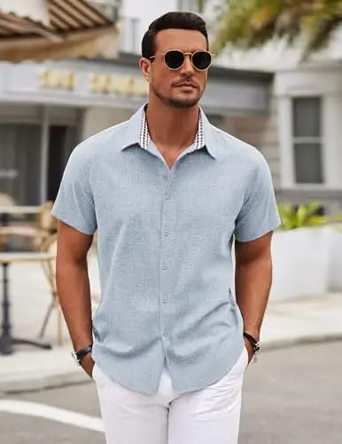 COOFANDY Mens Linen Shirt Casual Short Sleeve Button Down Shirts Summer Beach Vacation Tops - 3