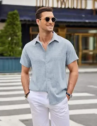 COOFANDY Mens Linen Shirt Casual Short Sleeve Button Down Shirts Summer Beach Vacation Tops - 4
