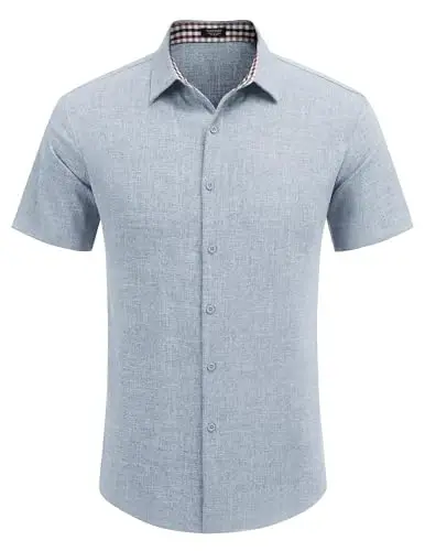 COOFANDY Mens Linen Shirt Casual Short Sleeve Button Down Shirts Summer Beach Vacation Tops - 2