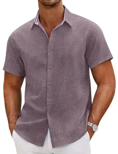 COOFANDY Mens Linen Shirt Casual Short Sleeve Button Down Shirts Summer Beach Vacation Tops - 1