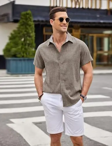 COOFANDY Mens Linen Shirt Casual Short Sleeve Button Down Shirts Summer Beach Vacation Tops - 4