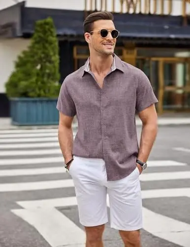 COOFANDY Mens Linen Shirt Casual Short Sleeve Button Down Shirts Summer Beach Vacation Tops - 4
