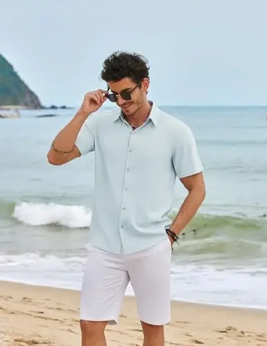 COOFANDY Mens Linen Shirt Casual Short Sleeve Button Down Shirts Summer Beach Vacation Tops - COOFANDY (1)