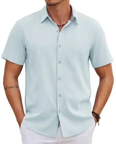 COOFANDY Mens Linen Shirt Casual Short Sleeve Button Down Shirts Summer Beach Vacation Tops - 1