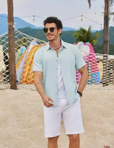 COOFANDY Mens Linen Shirt Casual Short Sleeve Button Down Shirts Summer Beach Vacation Tops - 4