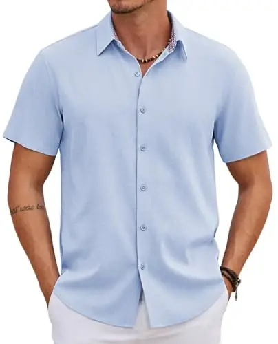 COOFANDY Mens Linen Shirt Casual Short Sleeve Button Down Shirts Summer Beach Vacation Tops - 1