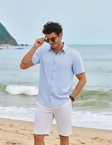 COOFANDY Mens Linen Shirt Casual Short Sleeve Button Down Shirts Summer Beach Vacation Tops - COOFANDY (1)