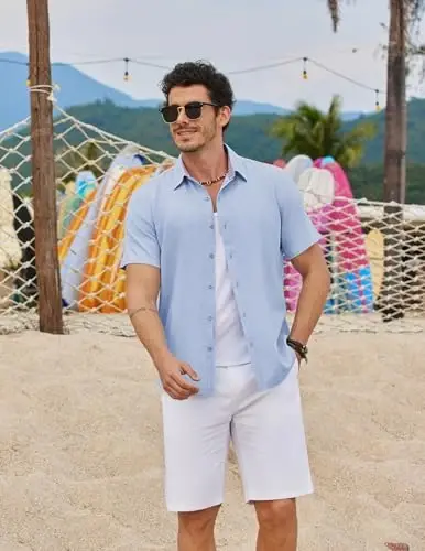 COOFANDY Mens Linen Shirt Casual Short Sleeve Button Down Shirts Summer Beach Vacation Tops - 4