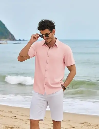 COOFANDY Mens Linen Shirt Casual Short Sleeve Button Down Shirts Summer Beach Vacation Tops - COOFANDY (1)